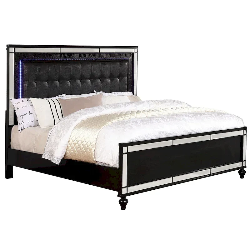 Derc Modern Solid Wood Upholstered Tufted Panel Bed with LED by Furniture of America