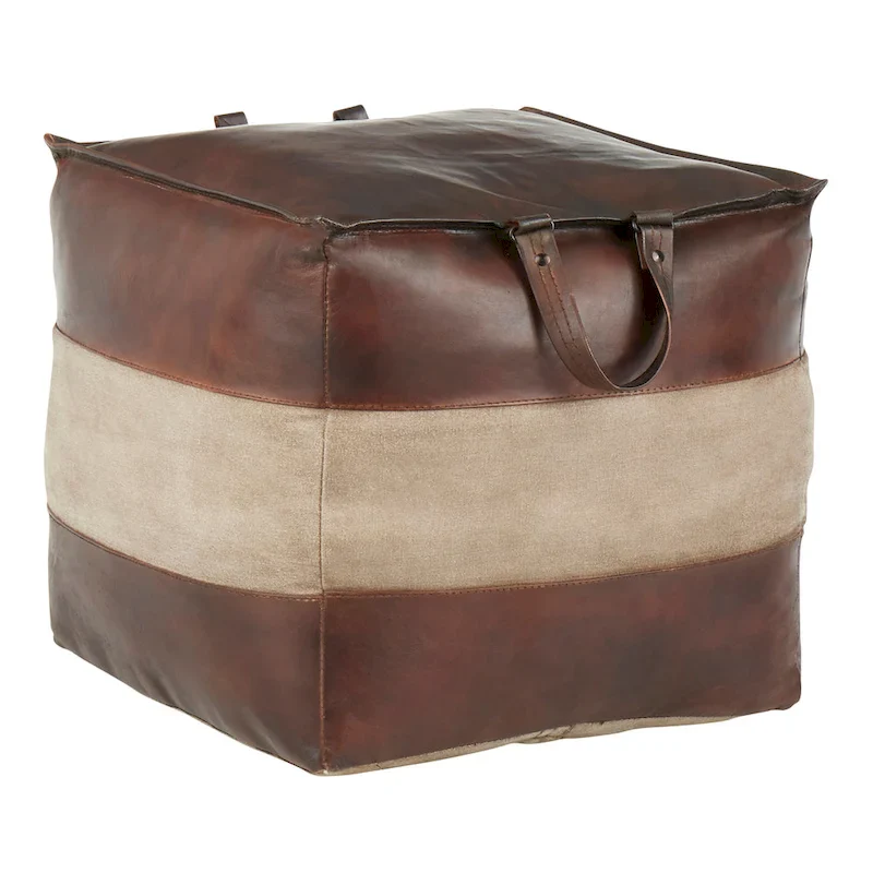 Carbon Loft Najah Industrial Pouf Ottoman in Leather and Canvas