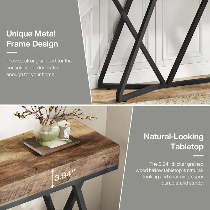 55 Inch Wood Console Table, Sofa Table Entryway Table with Unique Metal Legs