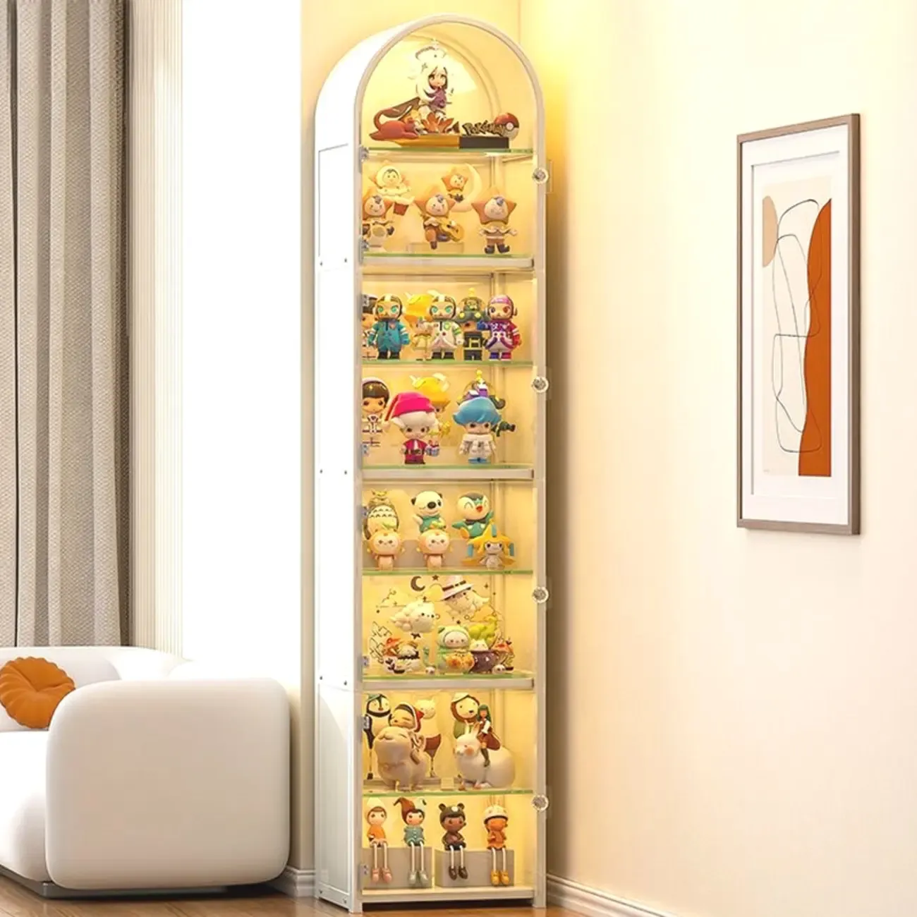 Narrow Adjustable White Metal Glass Corner Display Cabinet