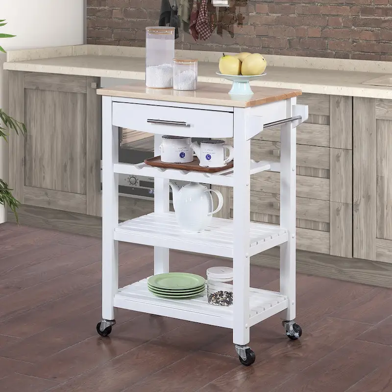 Ellaine 4 Tier Butcher Block Kitchen Cart with Drawer and Wine Rack