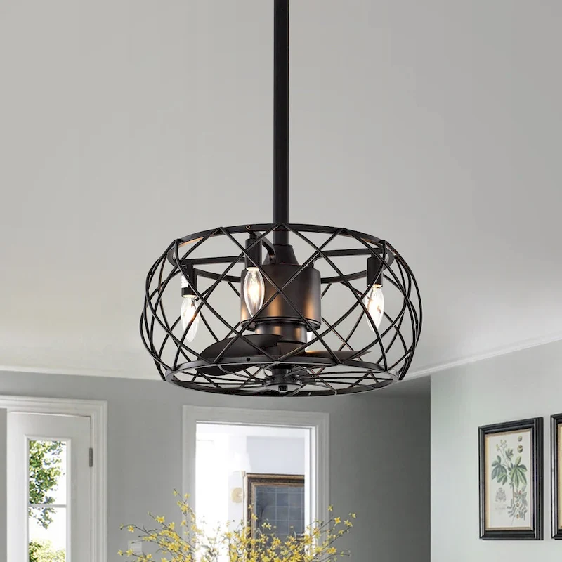 Matte Black 3-blade Ceiling Fan with Open Metal Frame (Includes Remote)