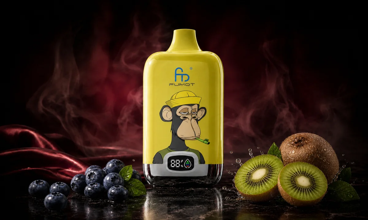 Fumot Digital Box 12000 Blueberry Kiwi Vape in einer dunklen Rauchszene