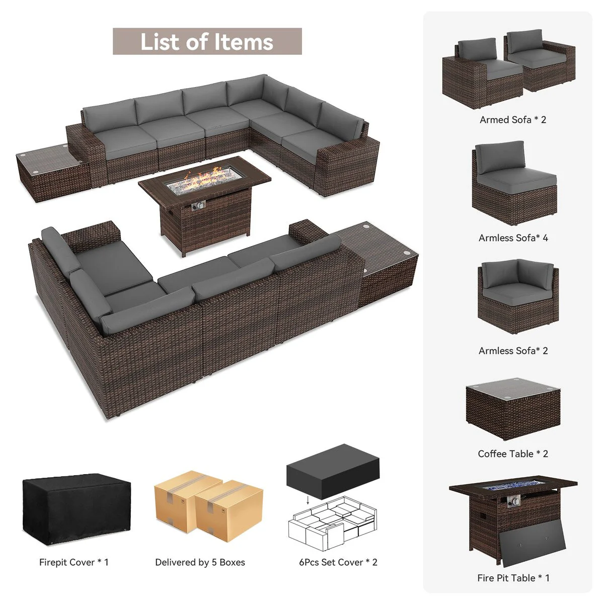 13 Pieces Patio Furniture Set with 44Fire Pit Table