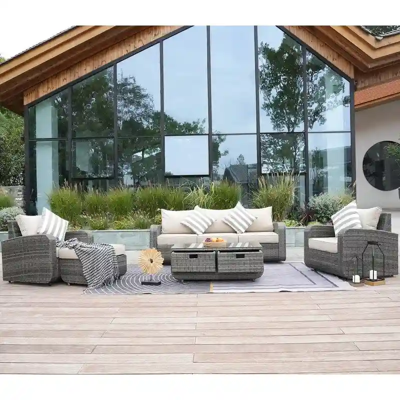 5-Pieces Classical Handwoven Rattan Sofa Set with Storage Table