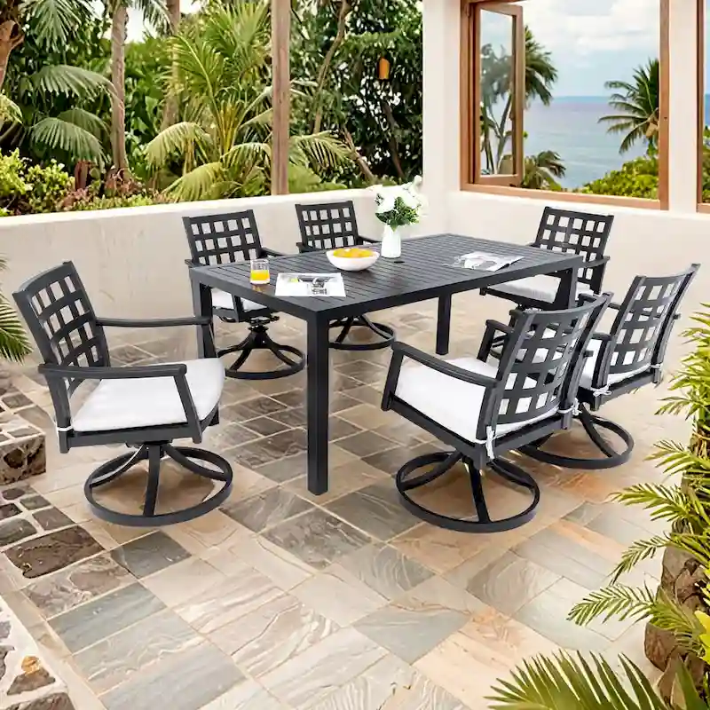 Modern Classic 7-Piece Outdoor Patio Dining Set, a Rectangular Table & Six Swivel Rock Dining Chairs