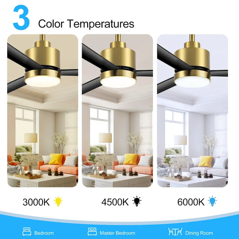 52 Inch Gold/Black/White 3-Blade LED Ceiling Fan with Light and Remote