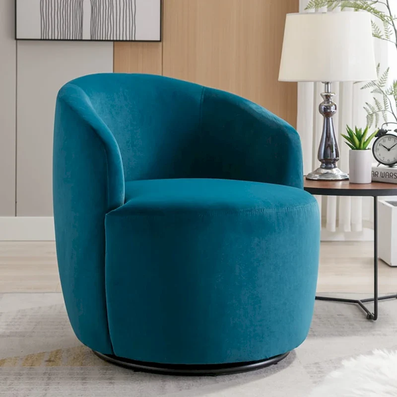 Velvet Fabric Swivel Accent Armchair Barrel Chair With Powder Coating Metal Ring