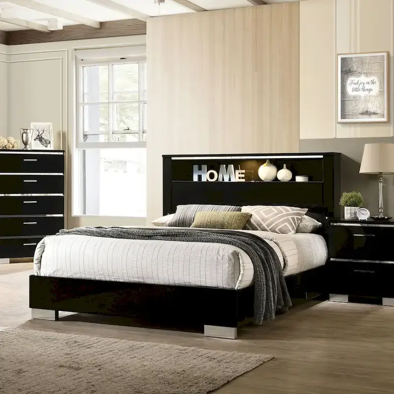 Furniture of America Lofa Modern Black Wood Panel Bed with LED