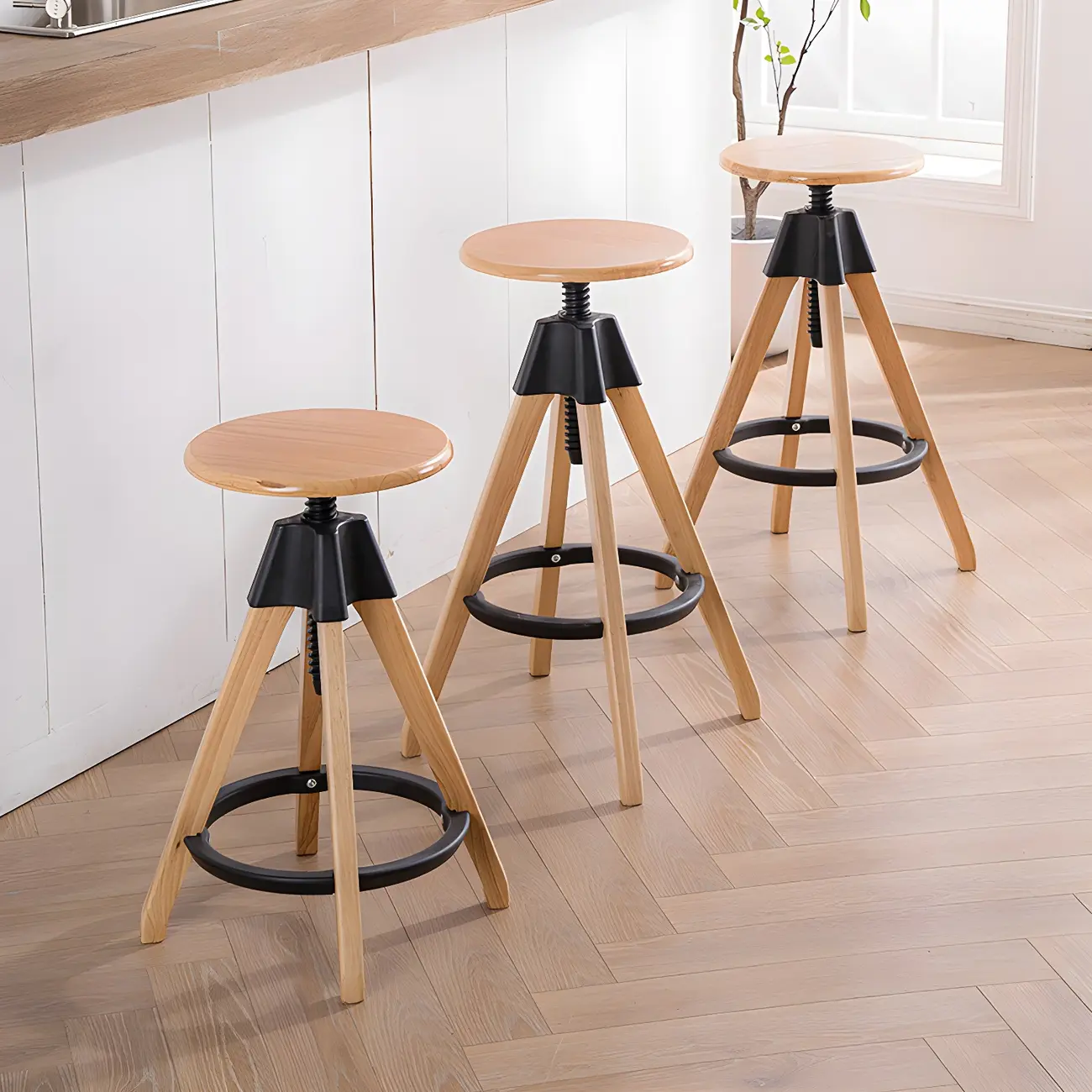 Adjustable Brown Wooden Swivel Backless Bar Stools