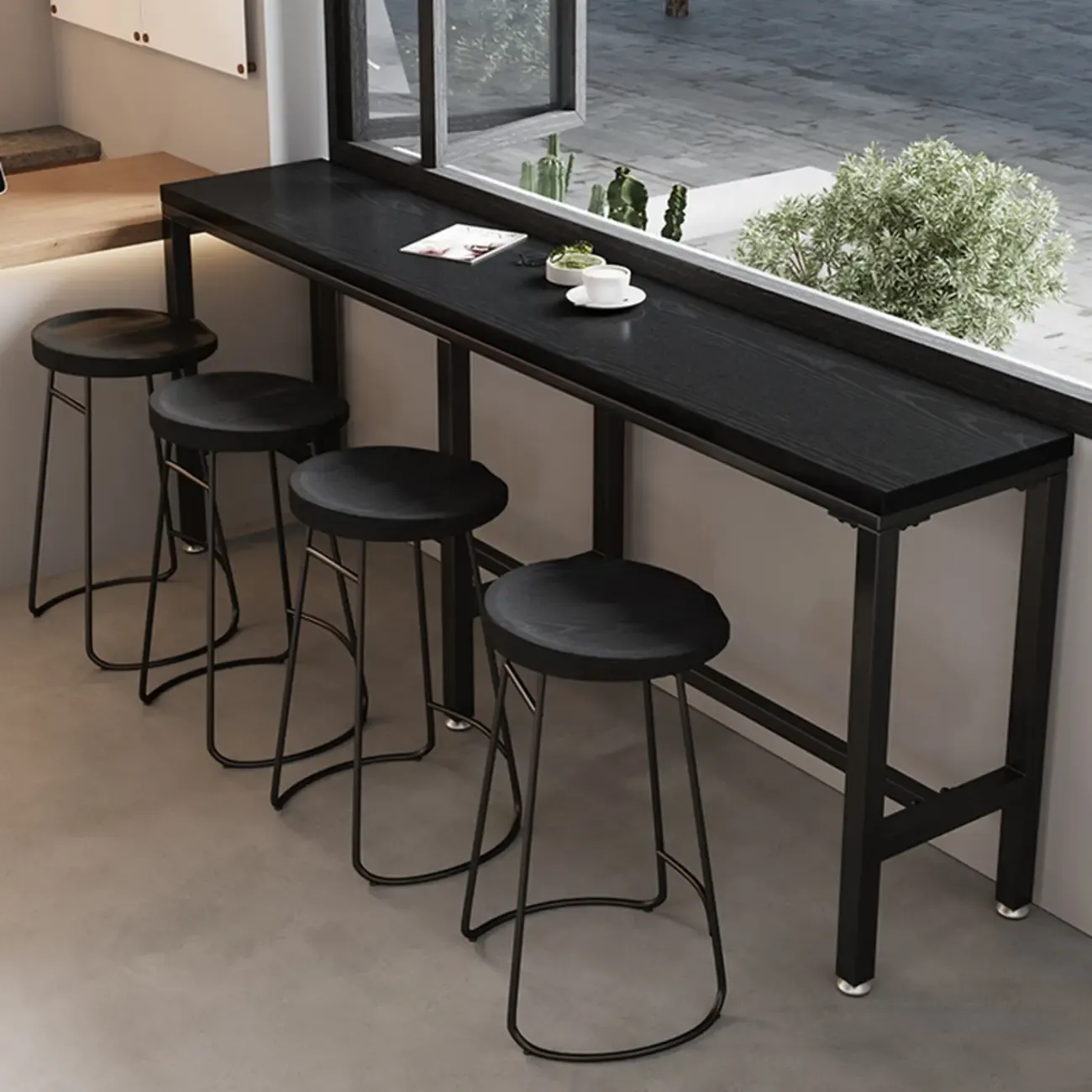 Modern Black Pine Wood Metal Bar Tables with Footrest