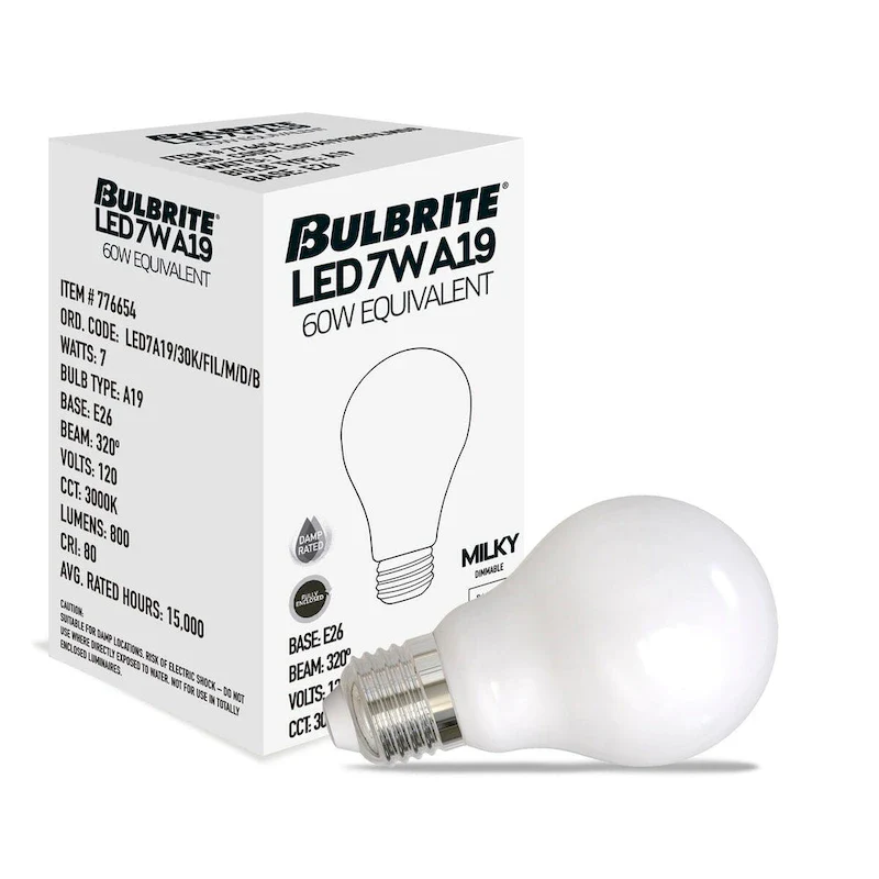 Bulbrite LED Filament Pack of (4) 7 Watt Dimmable A19 Light Bulbs with Milky Finish and Medium (E26) Base - 3000K