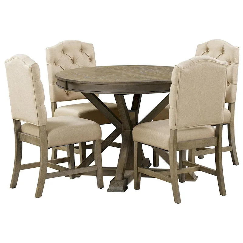 Wooden Round Drop Leaf Extendable Dining Table Set with 4 Upholstered Chairs