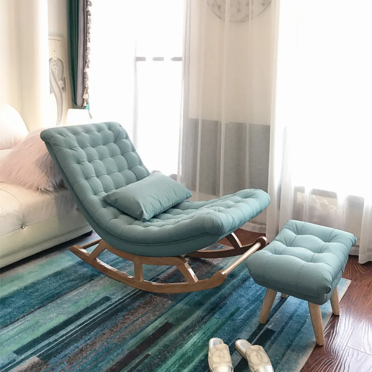 Modern Upholstered Ergonomic Rocking Chair with Ottoman