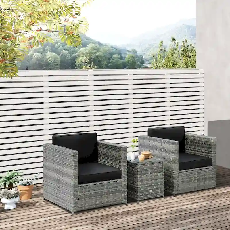 Outsunny 3-Piece Patio Wicker Bistro Set, Outdoor All-hand Weave PE Rattan Conservatory Garden Porch Furniture w/ Coffee Table