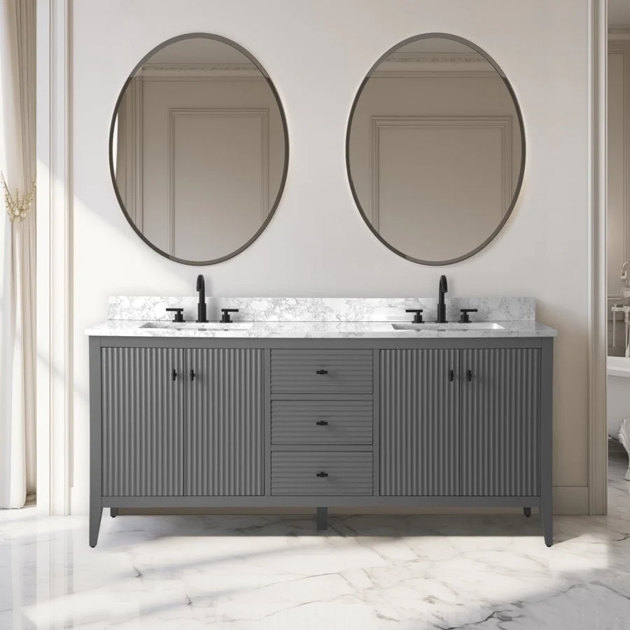 Vanity Art 72 Double Sink Bathroom Vanity Cabinet with Engineered Marble Top