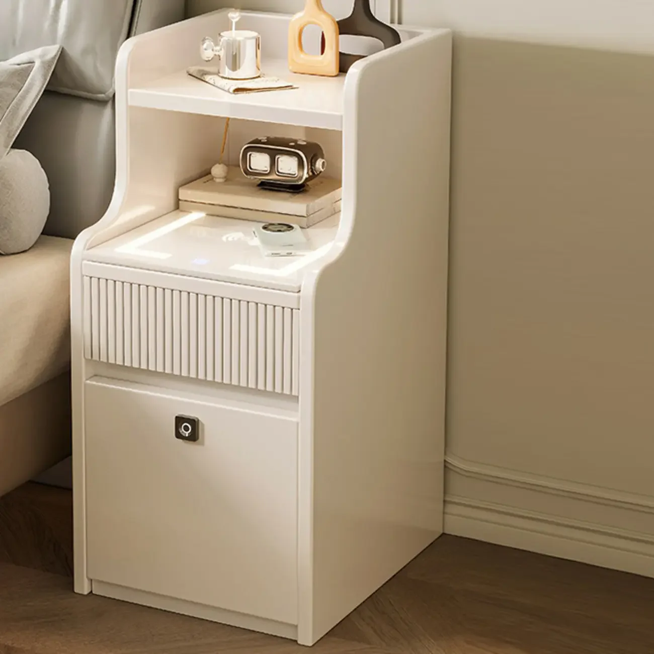 Smart Versatile White Wood Nightstand with Fingerprint Lock