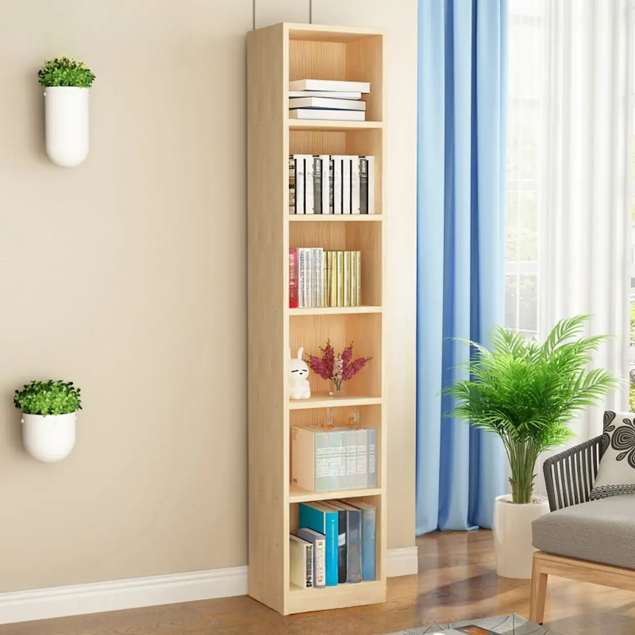 Natural Finish Narrow 6 Shelves Wooden Bookcase with Drawer