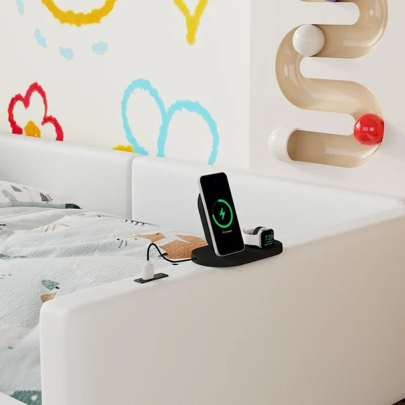 Twin Upholstered Bed with Guardrail & Charging Station