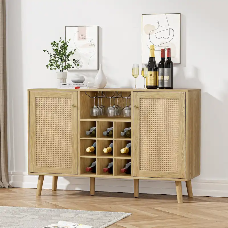 Anmytek Farmhouse Wood Rattan 2-Door Kitchen Buffet Sideboard Storage Wine Cabinet with Wine Rack and Glass Holder