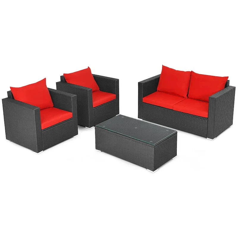 Costway 4 PCS Patio Rattan Furniture Set Cushioned Sofa Chair Coffee - See Description