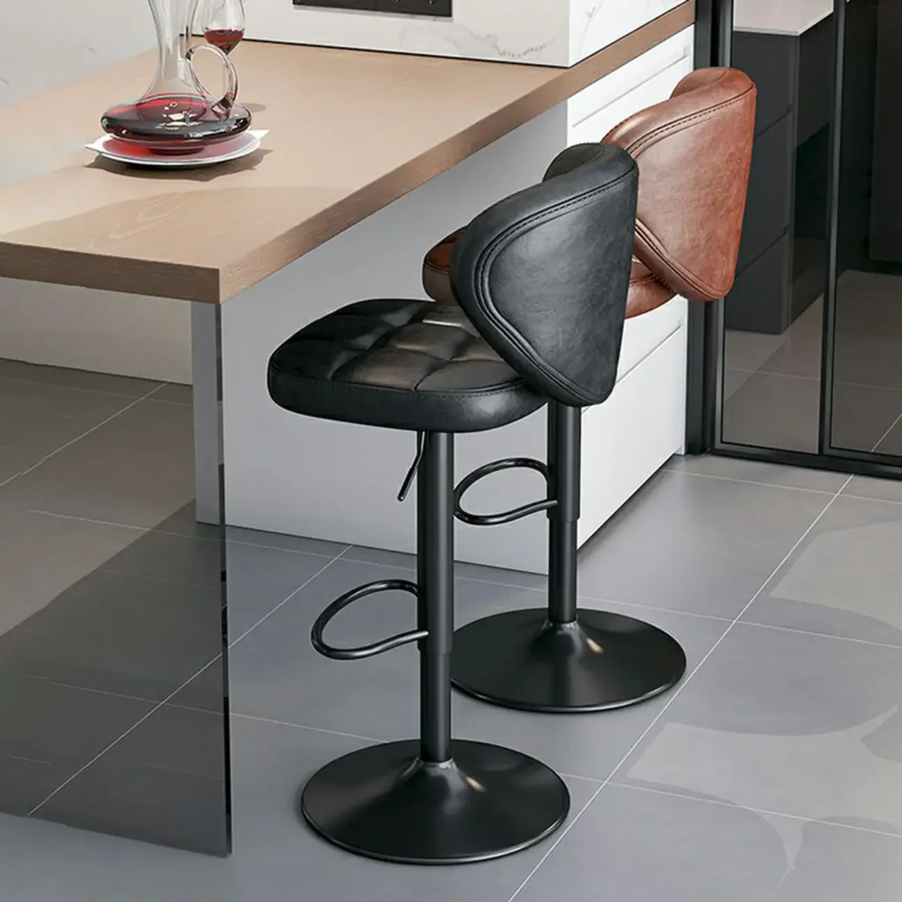 Modern Square Tufted Faux Leather Adjustable Swivel Bar Stools