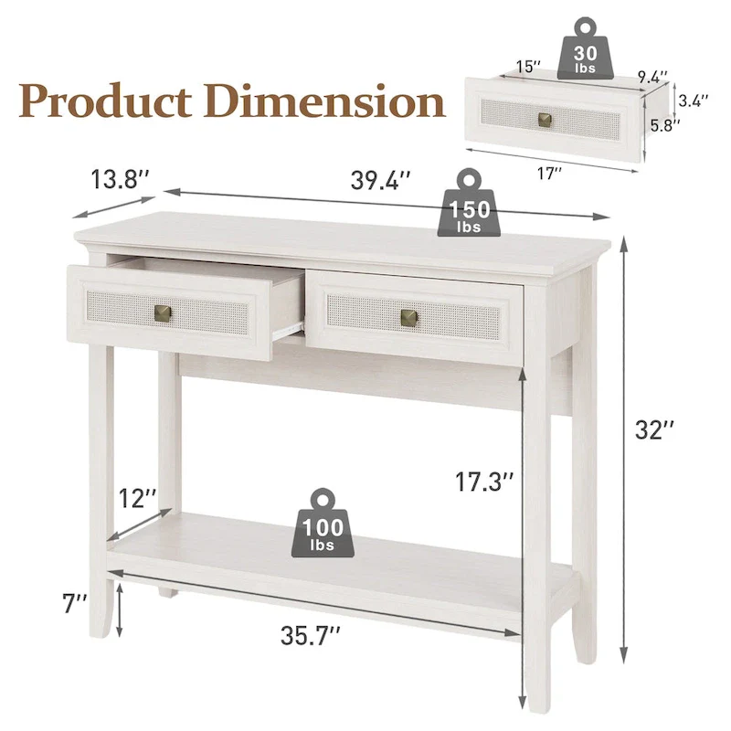 Boho Natural Rattan Console Table With Widened Tabletop & 2 Drawers