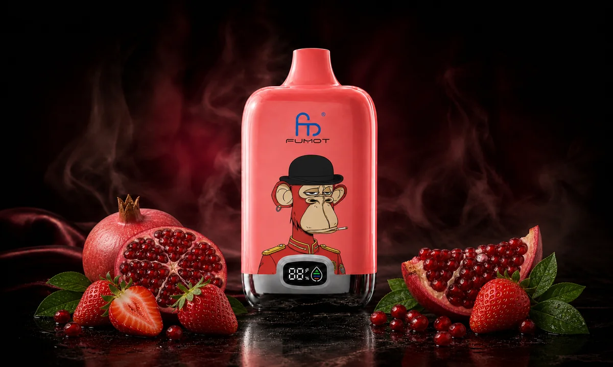 Fumot Digital Box 12000 Strawberry Pomp Vape in einer dunklen Rauchszene