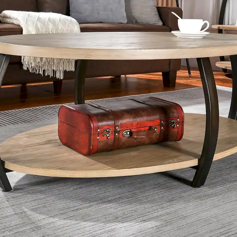 Oval Coffee Table, Industrial 2-Tier Elliptic Coffee Table