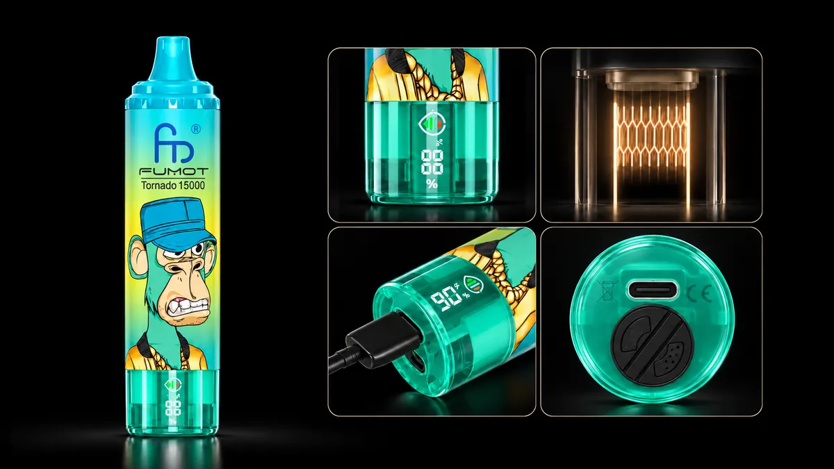 FUMOT Tornado 15000 Kiwi Passion Fruit Guava – Detailansichten von Display, Heizsystem, USB-C-Anschluss und Luftregulierung