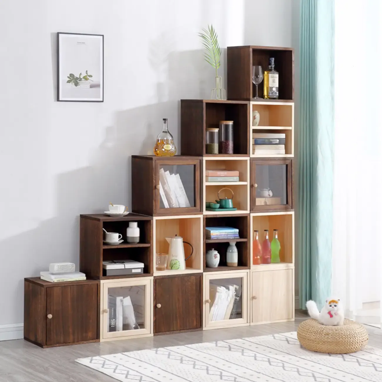 Narrow Modular Wooden Cube Bookcase with Doors