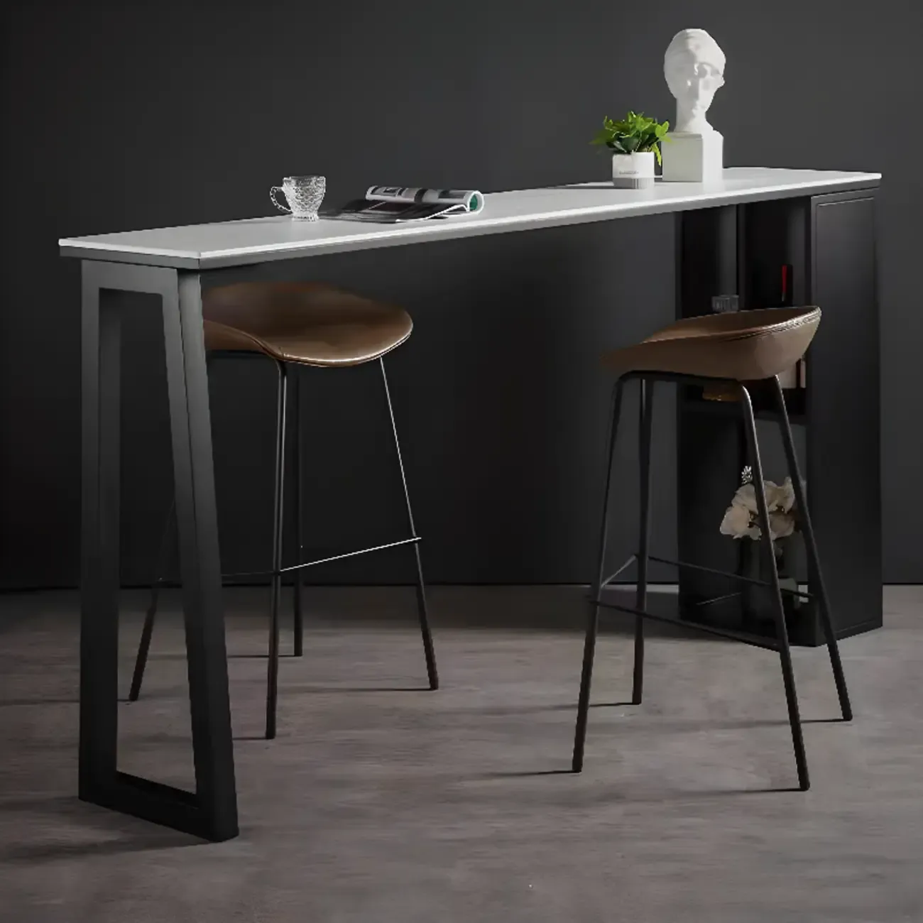 Modern White Stone Top Black Metal Bar Table with Storage