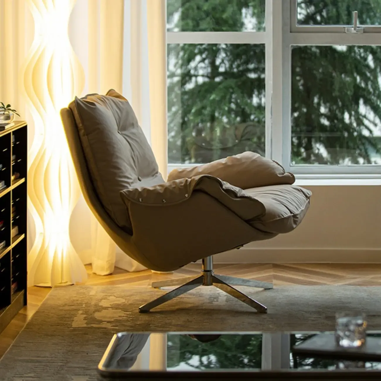 Modern Beige Leather Accent Armchair with Swivel