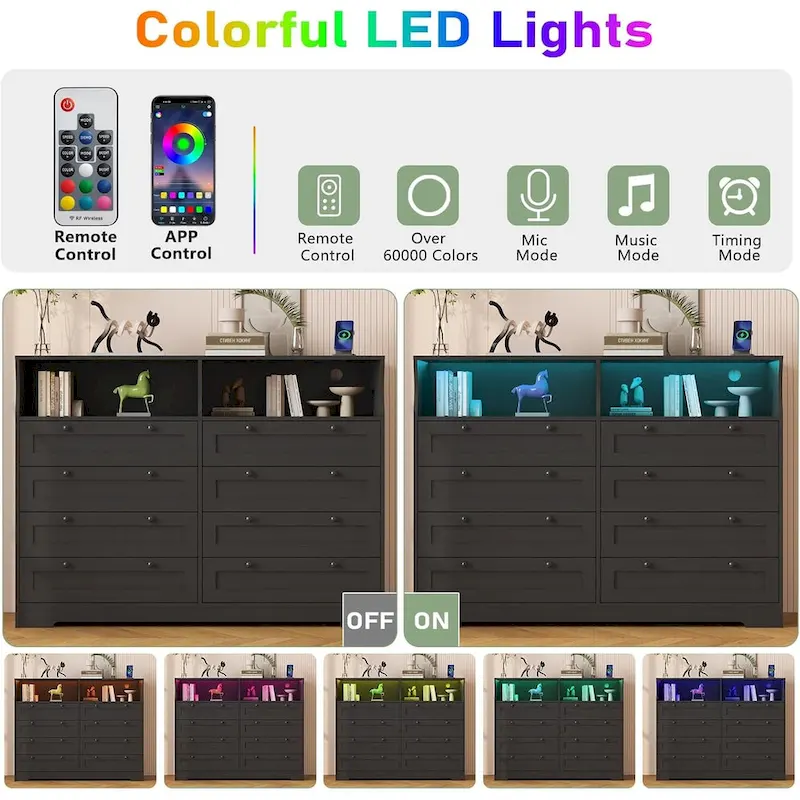 Modern Wood Dresser with 8 Drawers, Bedroom Dresser with Charging Station & LED Lights