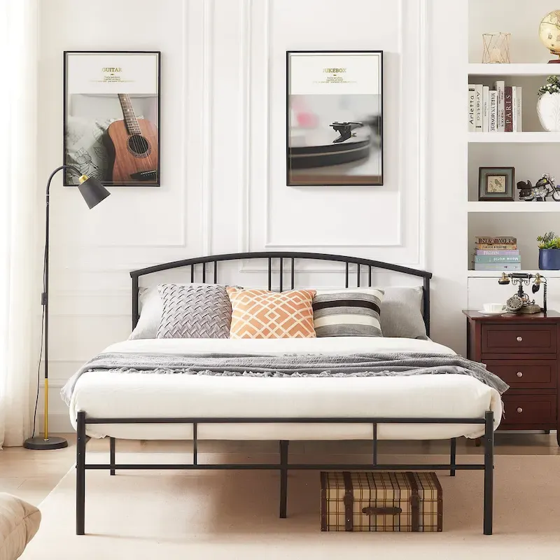 Modern Metal Bed Frames with Curved Headboard, No Box Spring Needed, Black