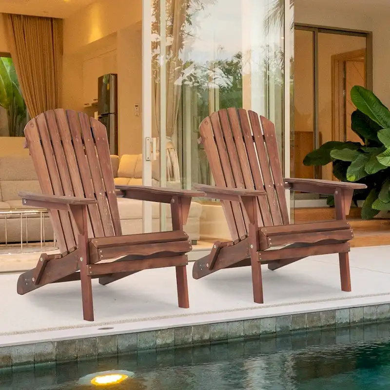 Classic Solid Wood Outdoor Patio Folding Adirondack Chair, Set of 2