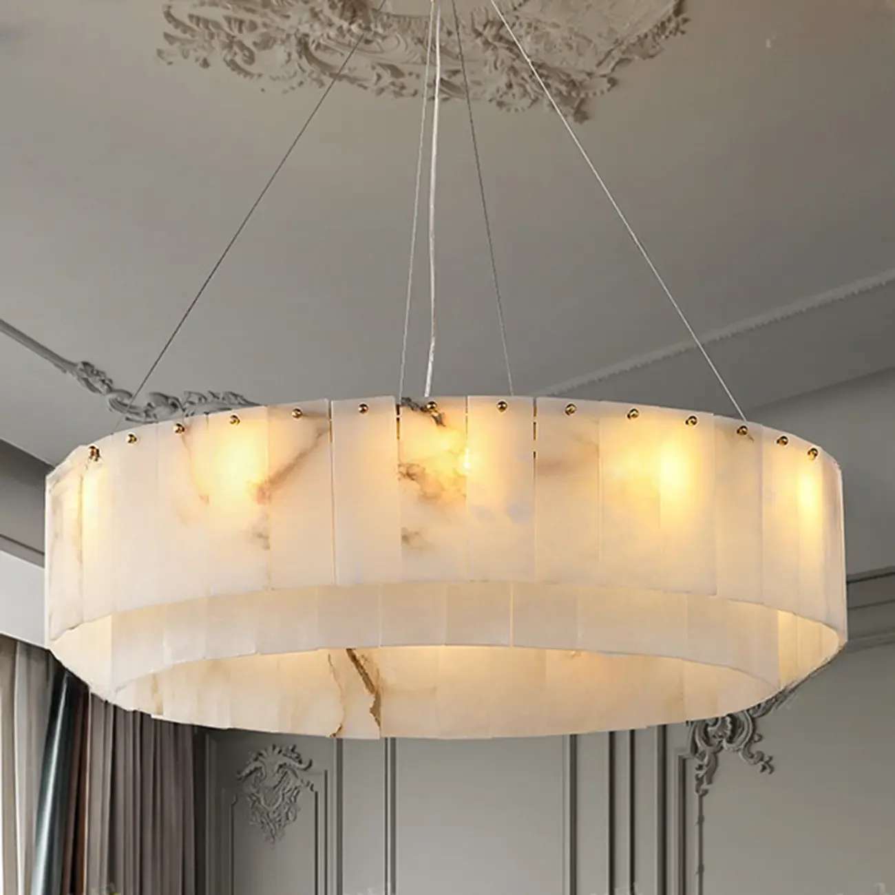 Vintage Gold Alabaster Drum Pendant Chandelier