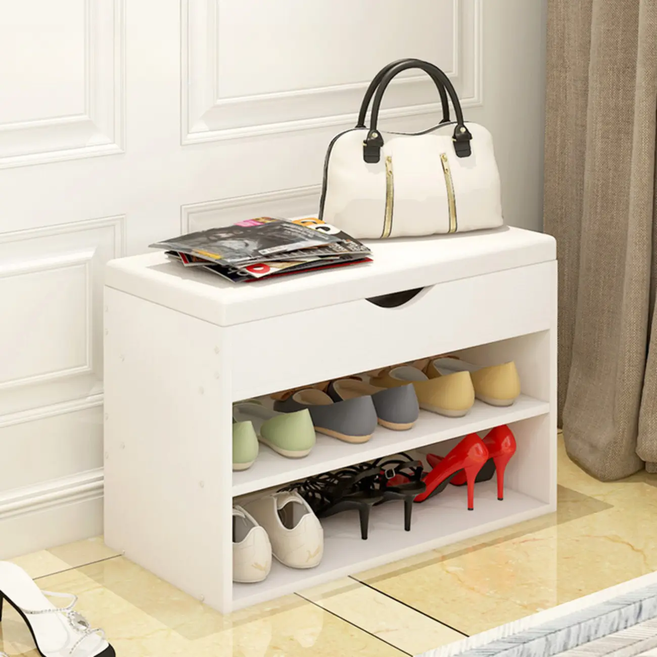 White Wooden Shoe Storage Bench with Hidden Storage