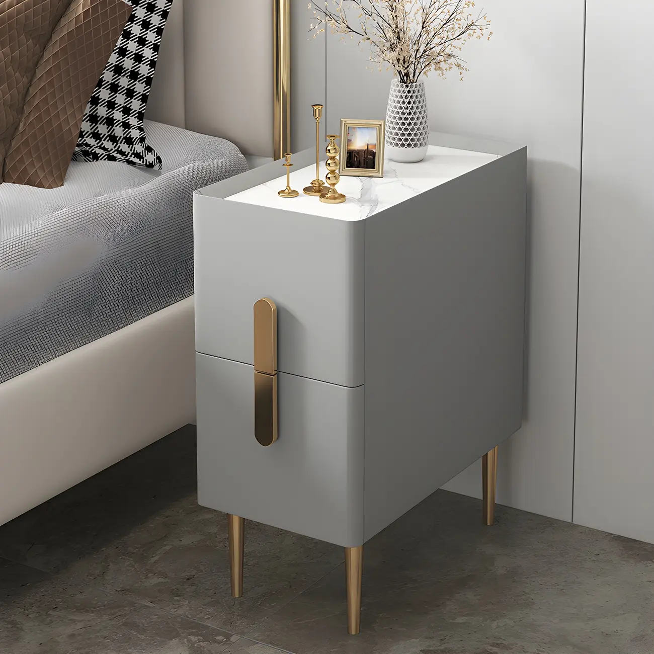 Modern Stone Countertop Faux Leather Nightstand with 2 Drawers