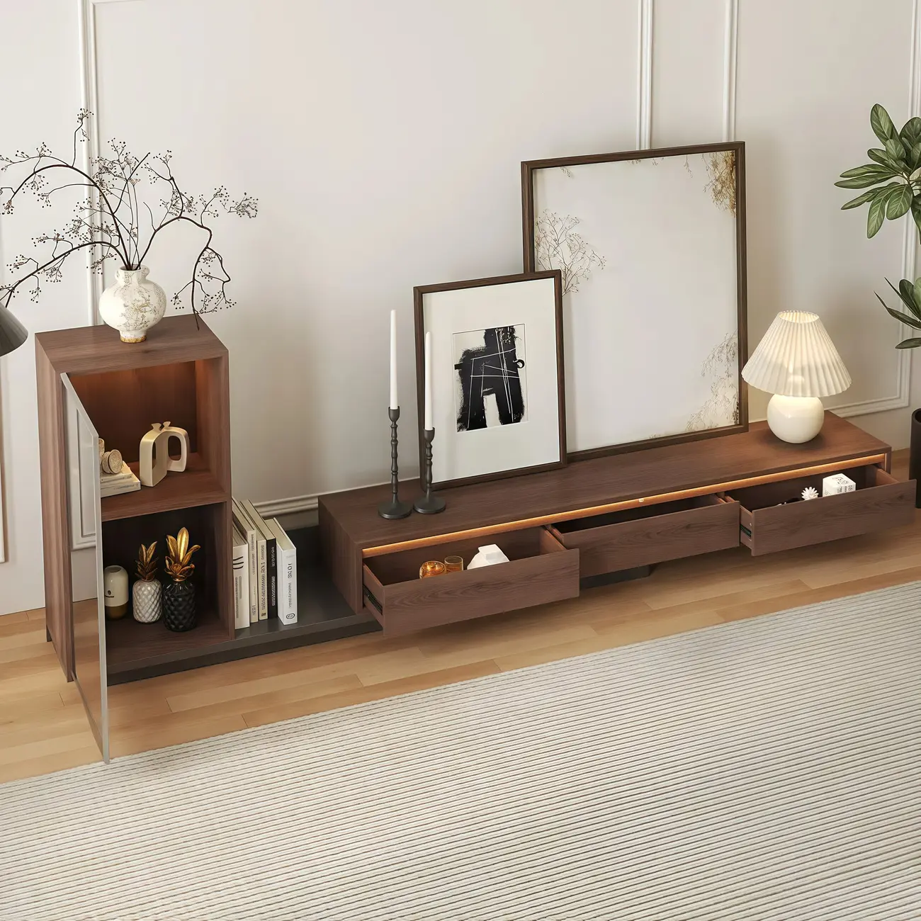 Mid-Century Walnut Extendable Wooden TV Stand with Drawers