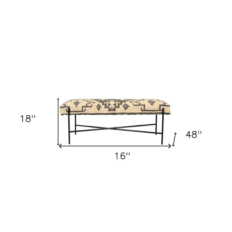 HomeRoots 48 Cream and Black Cotton Blend Upholstered Southwest Bench - 48' X '18' X '16