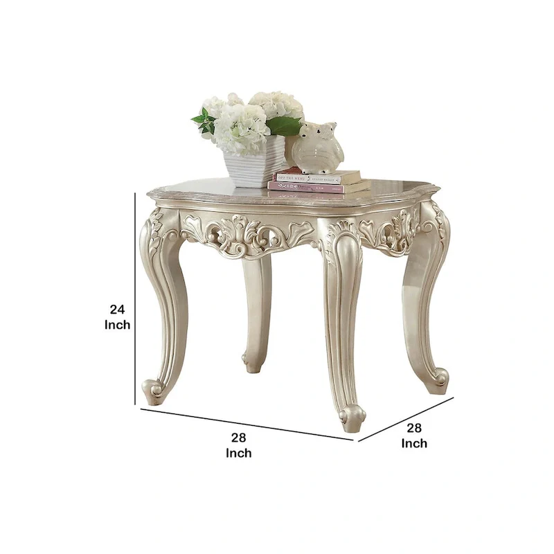 Traditional Style Marble Top End Table with Poly Resin Engravings,Gold
