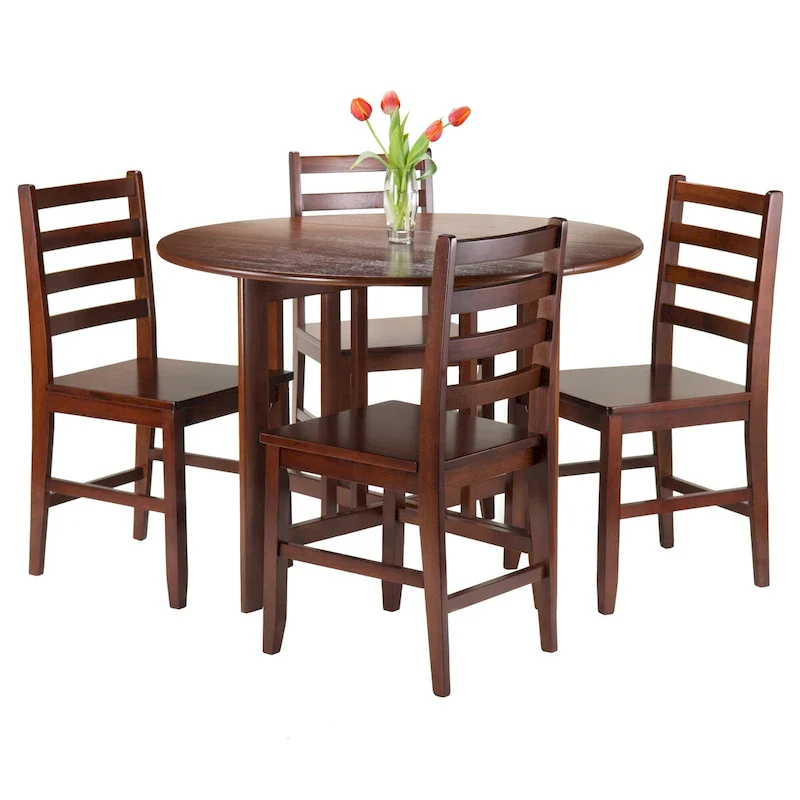 5-Pc Round Drop Leaf Table with Ladder-back Chairs, Walnut