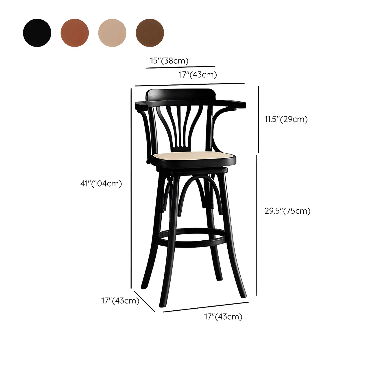 Timeless Square Rattan Wood Low Back Bar Stool in Brown/ Black