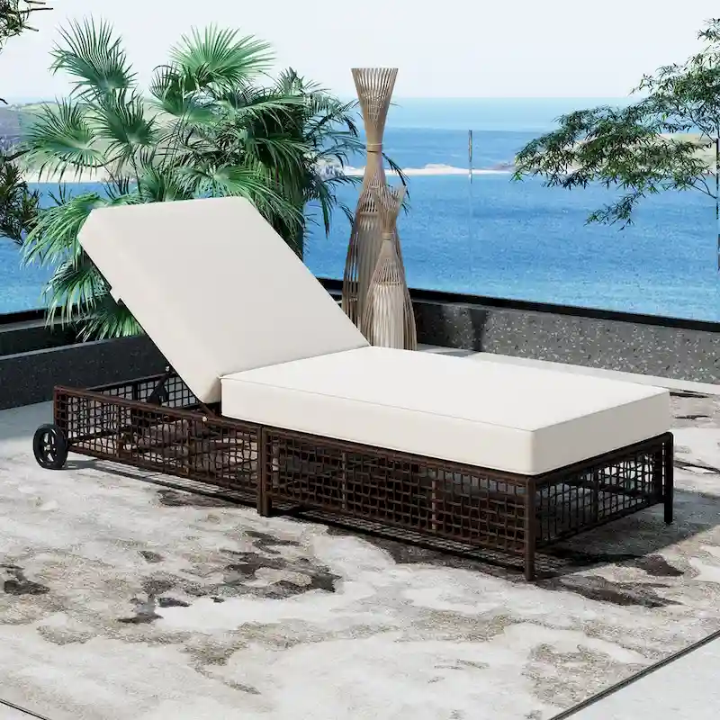 5-Position Rattan Patio Lounge Chair with Wheels, Cushion for Backyard