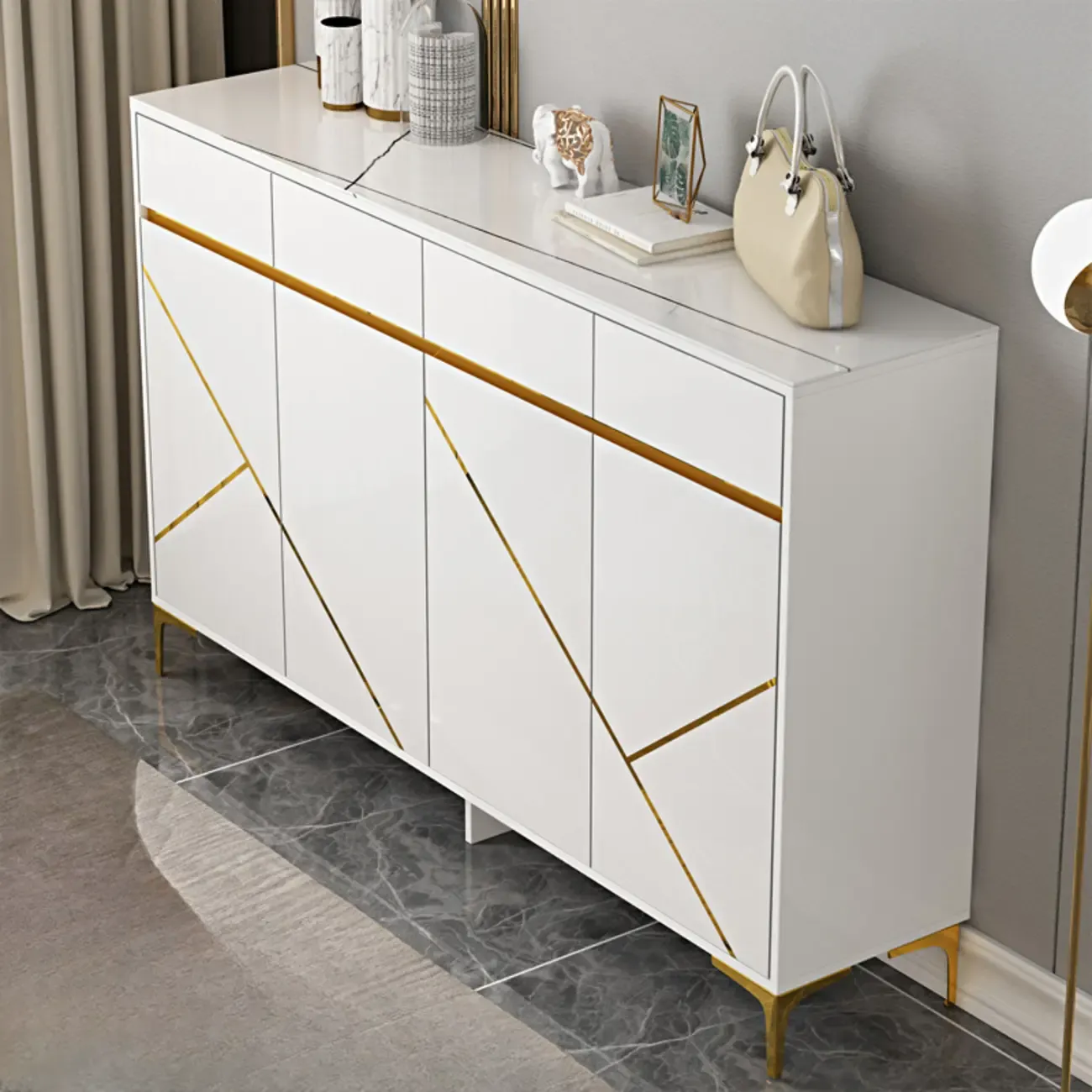 Trendy Gray Wood Shoe Cabinet with Drawers & Display Top