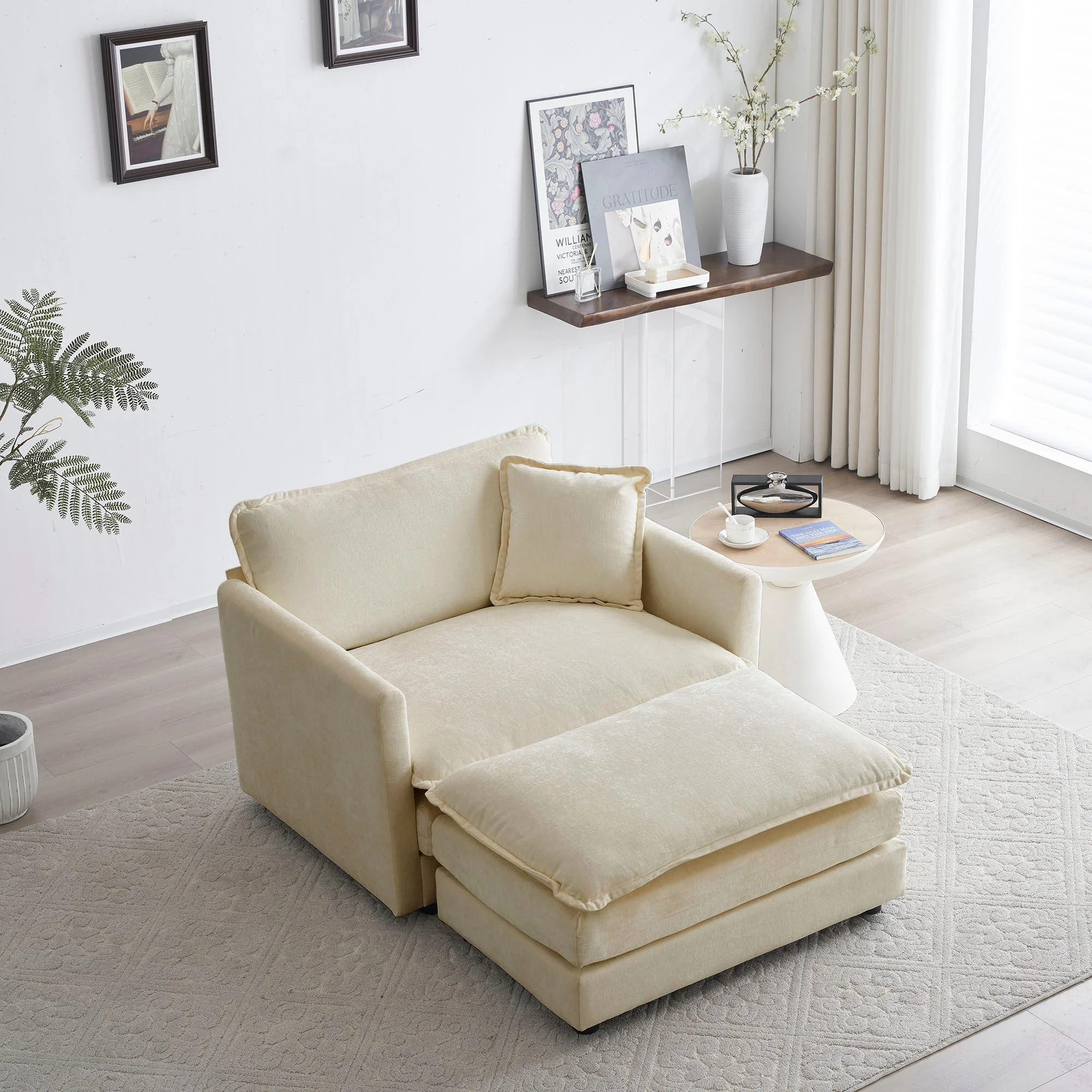 Walker Edison | Beige Chenille Cloud Accent Chair with Ottoman Set