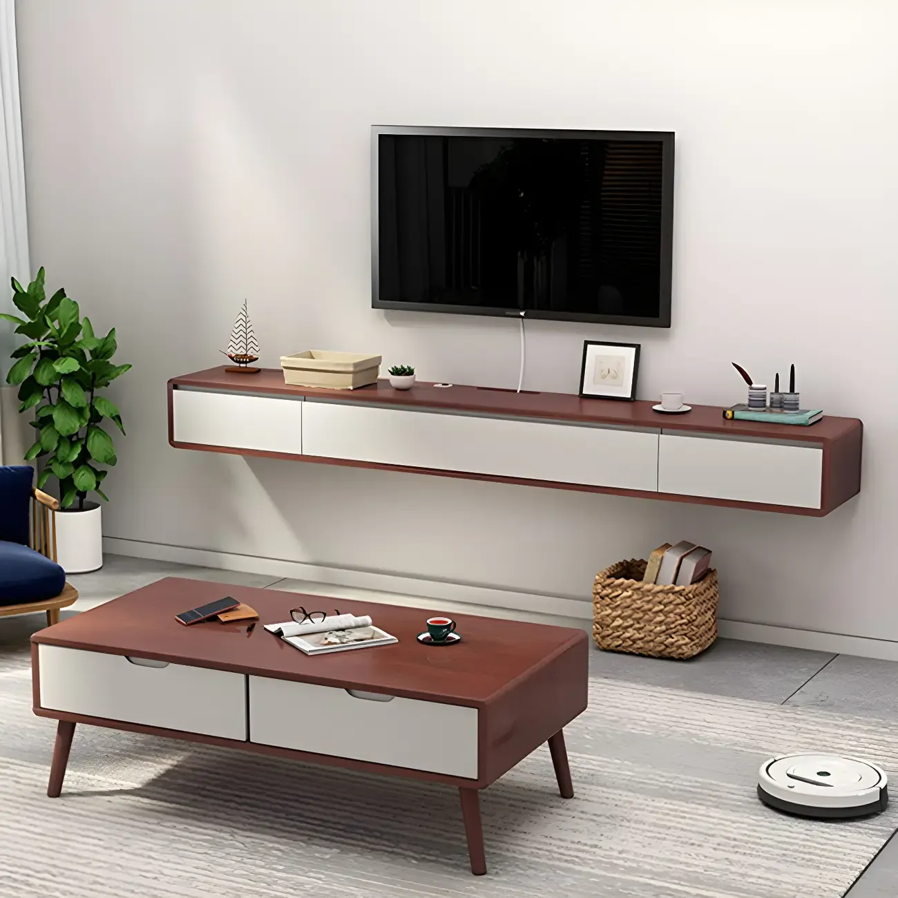 Scandinavian Wood Floating TV Stand with Cabinet