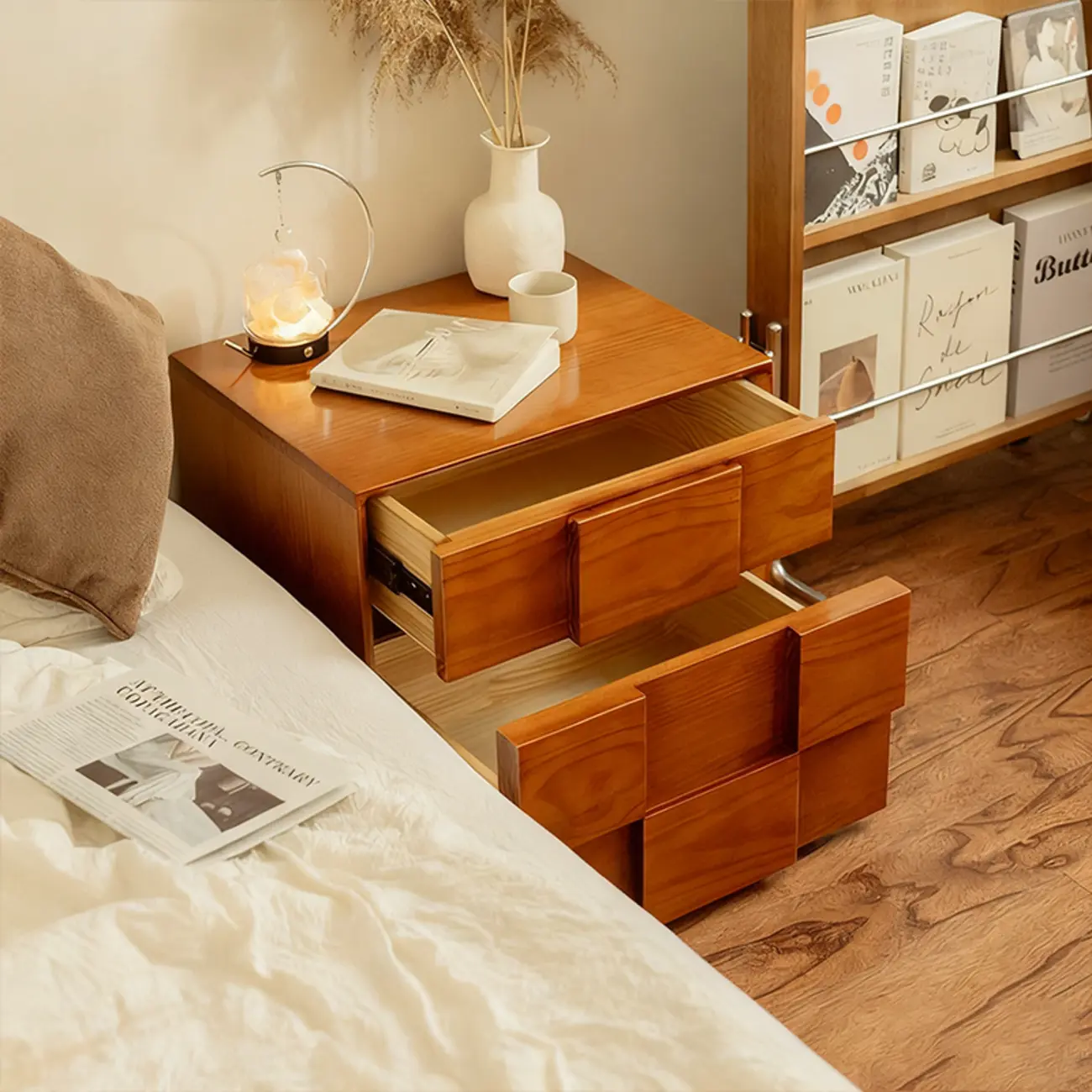 Mid-Century Modern Wood Nightstand with 2 Drawers