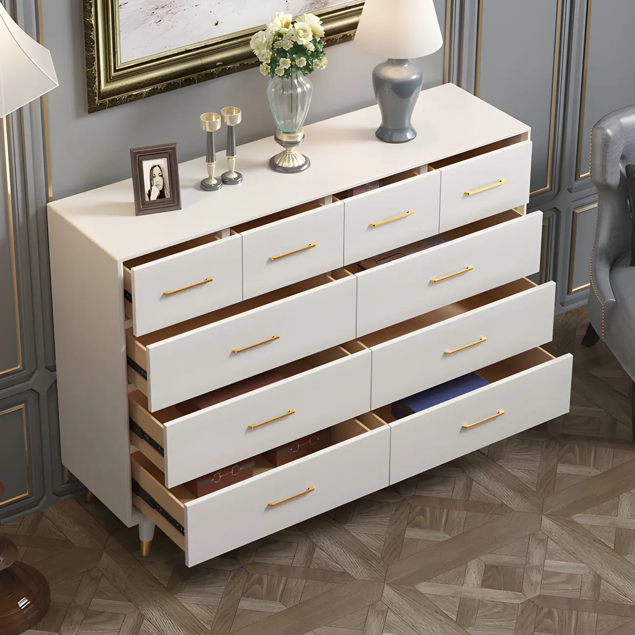 Glam Birch Wood Buffet Table with Multi-Drawers